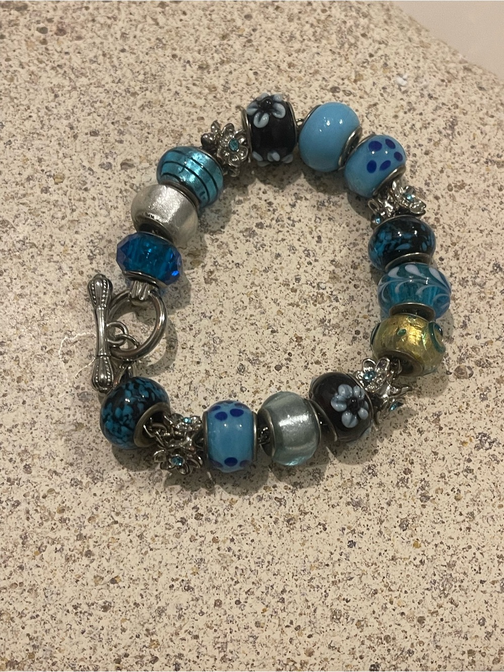 Blue Glass Bead Charm Bracelet - Silver Toggle Clasp
